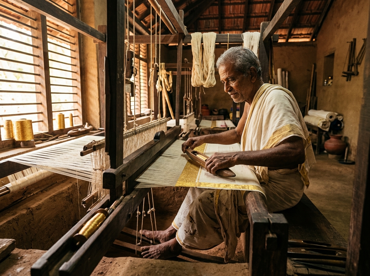 Kerala Master Artisan Weaving Pure Kasavu Handloom on Traditional Loom